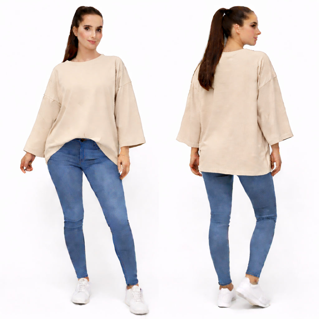 T-shirt uni oversize femme manches longues 100% coton – coupe ample, basique tendance
