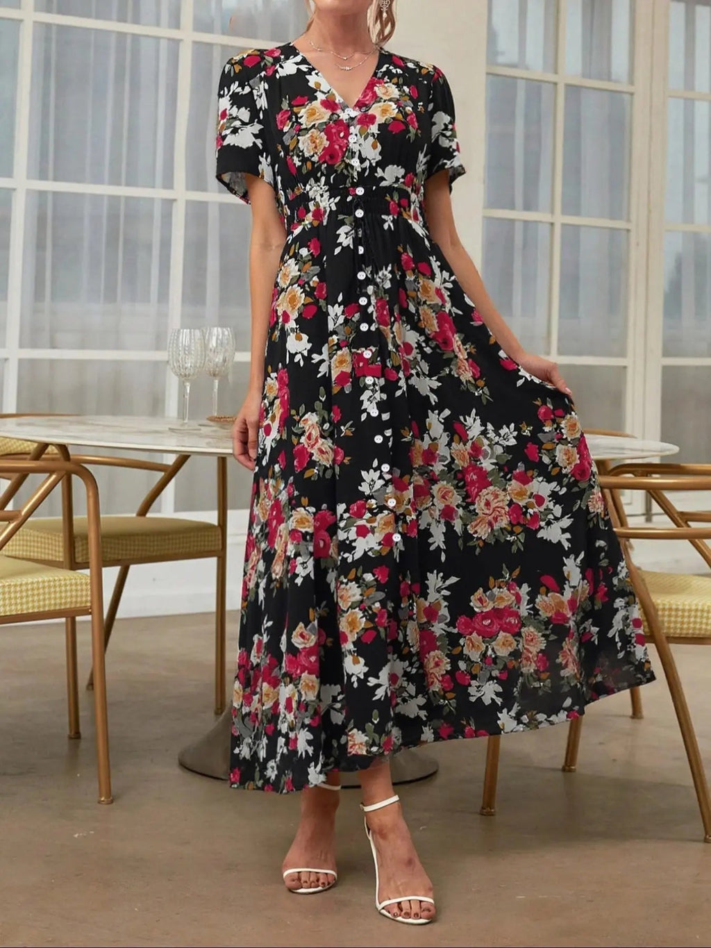 Women's Floral Print Button Front Dress, Boho French Style Short Sleeve Dress for Summer, Women's Clothes for Beach Vacation Holiday