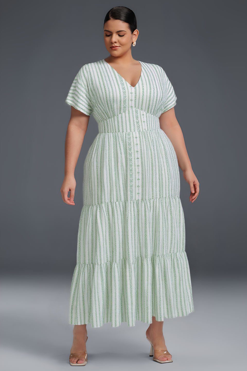 Curveins Plus Size V-Neck Striped Short Sleeve Pleated Maxi Dress