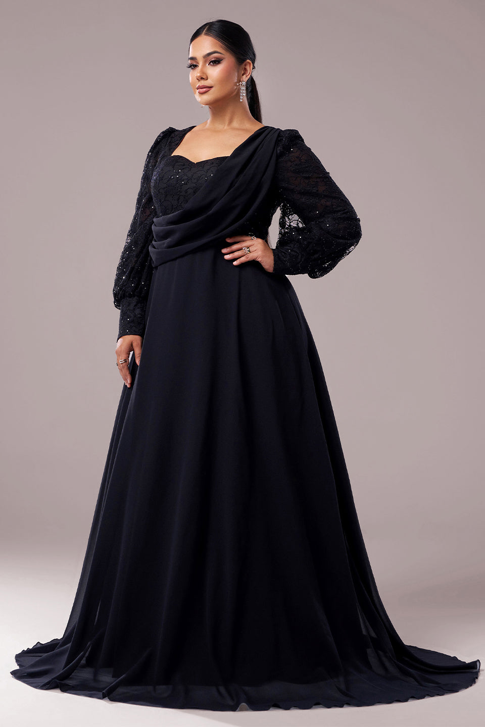 Curveins Plus Size V-Neck Long Sleeve Elegant Panel Maxi Dress