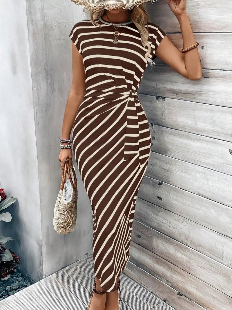 Women's Solid Color / Striped / All Over Print Knot Batwing Sleeve Dress, Casual Short Sleeve Round Neck Long Dress, Ladies Clothes for Beach Holiday