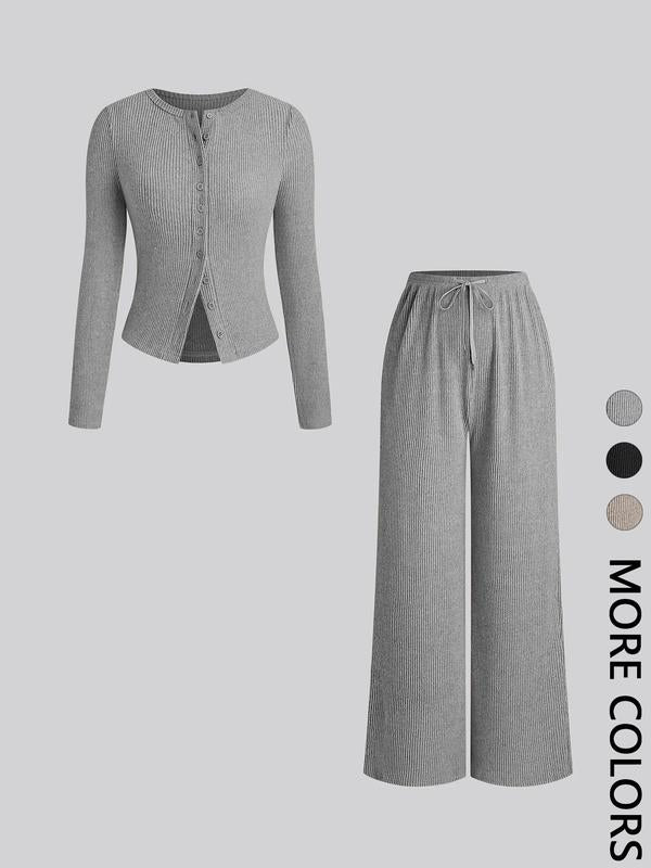 Women's Fall Winter Casual Slim-Fit Long Sleeve Round Neck Top & Pants Set, Plain Pattern Moderate Fabric, Two-Piece