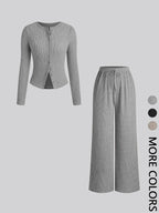 Women's Fall Winter Casual Slim-Fit Long Sleeve Round Neck Top & Pants Set, Plain Pattern Moderate Fabric, Two-Piece