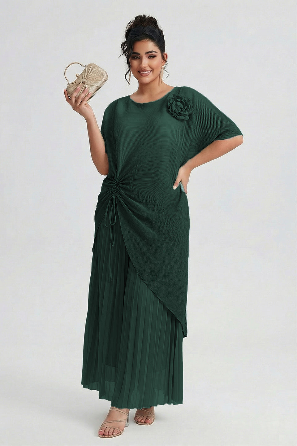 Curveins Plus Size Round Neck Short Sleeve Robe and Wide-Leg Pants Set