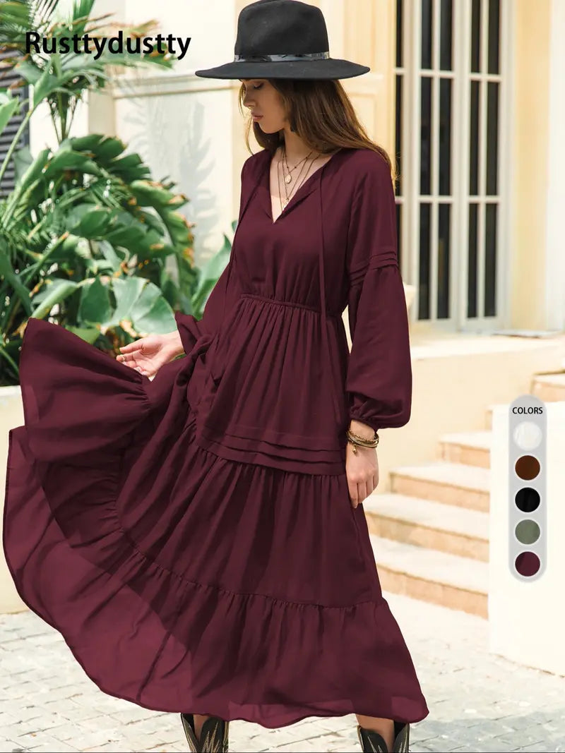 Women's Lantern Sleeve A-Line Maxi Dress, Spring & Summer Casual Long Dress, Plain Woven Fabric, Perfect for Outdoor Holidays