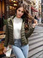 Women's Lightweight Puffer Jacket, Casual Fall & Winter Hooded Coat with Pockets, Warm Daily Commute Outerwear