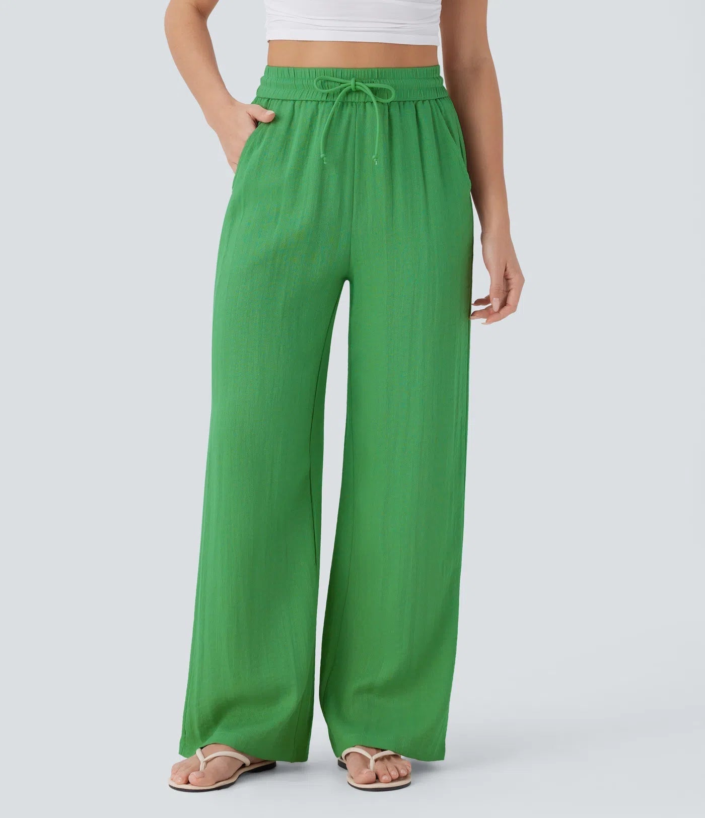 Casual High-Waisted Linen Trousers with Drawstring and Wide Pockets