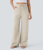 Casual High-Waisted Linen Trousers with Drawstring and Wide Pockets