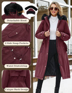 Women's Long Coats Winter Fleece Lined Warm Long Jackets for Women, Water Repellent Windproof Parka Coat Zip Up Button Drawstring Waist Overcoat with Pockets and Detachable Hood