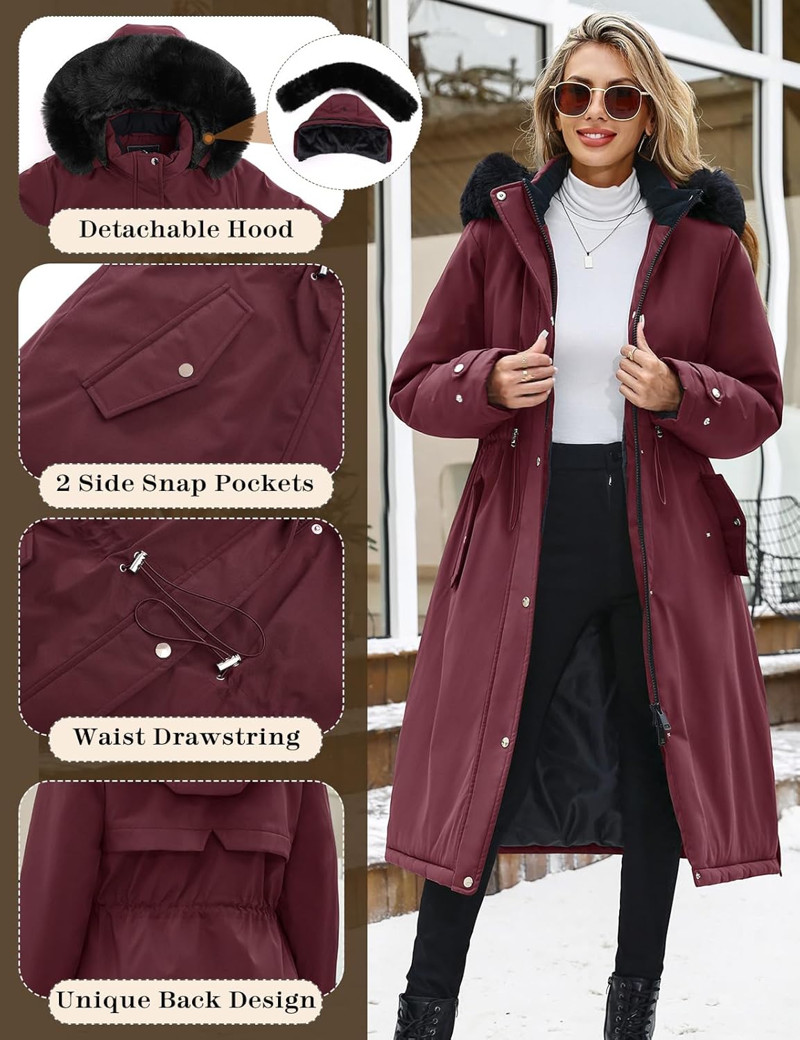 Women's Long Coats Winter Fleece Lined Warm Long Jackets for Women, Water Repellent Windproof Parka Coat Zip Up Button Drawstring Waist Overcoat with Pockets and Detachable Hood