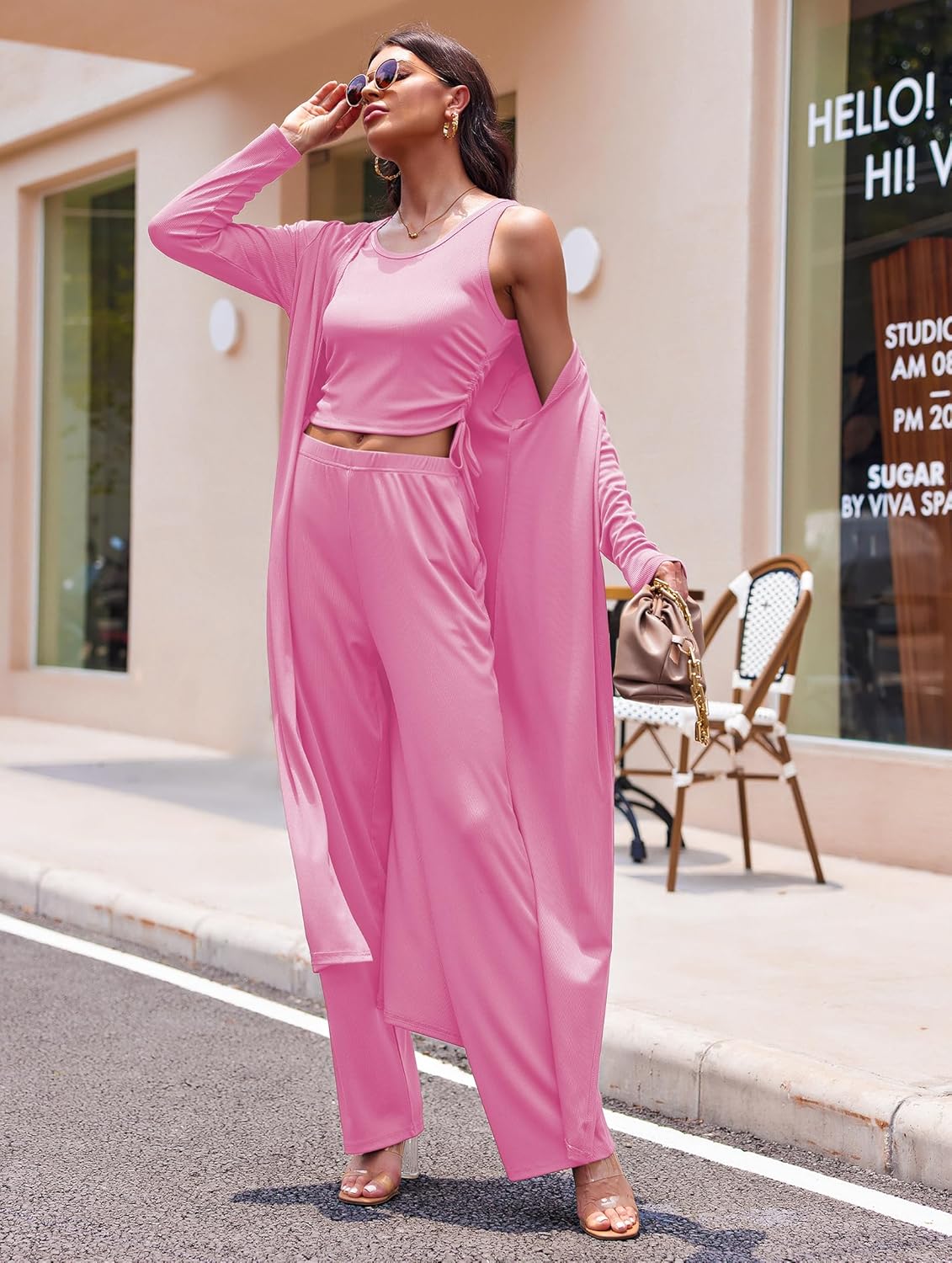 Women's 3 Piece Lounge Set Pajama Long Sleeve Cardigan Sleeveless Top Pants Sweatsuit