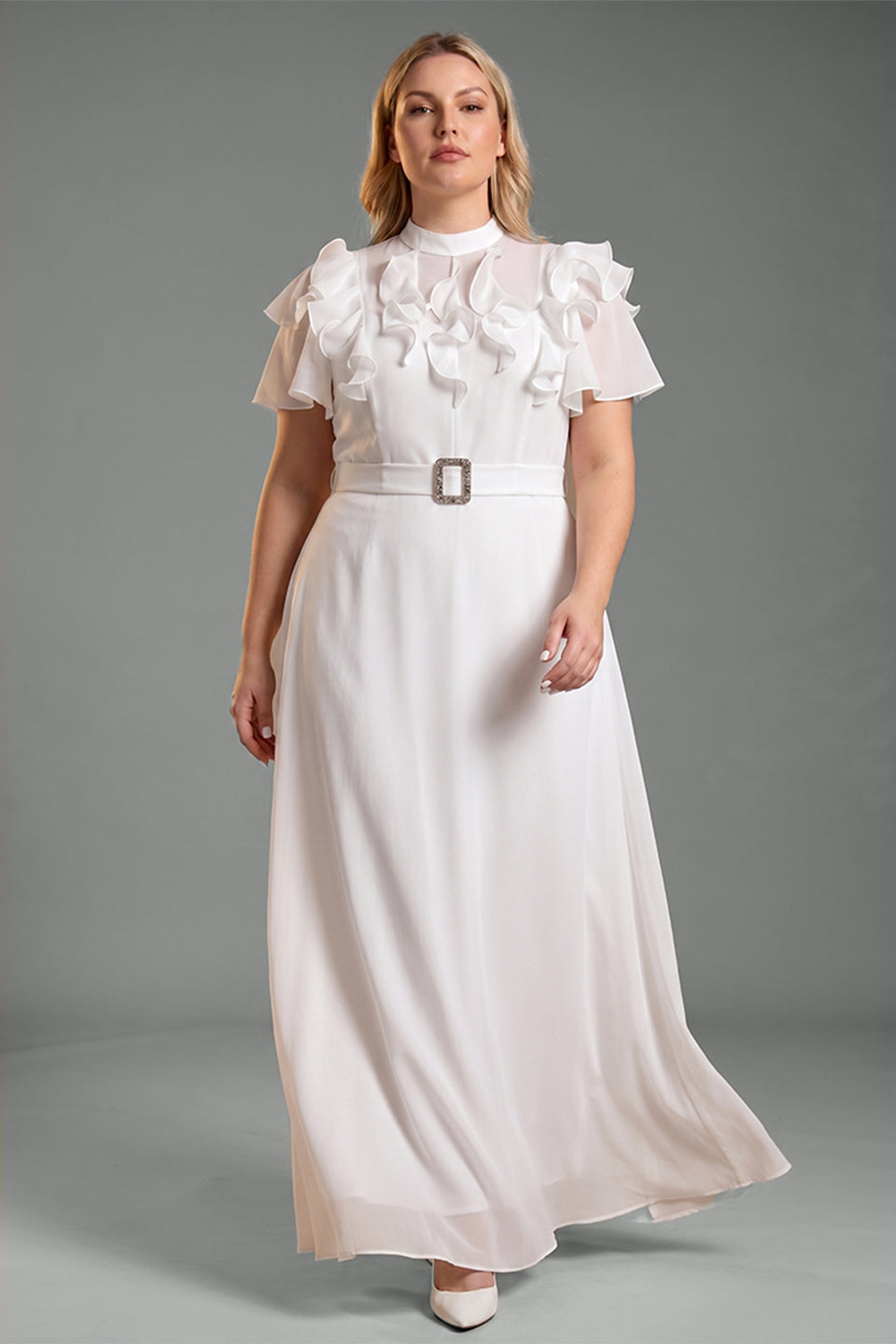 Curveins Plus Size Stand Collar Flare Sleeve Flowing A-Line Chiffon Maxi Dress