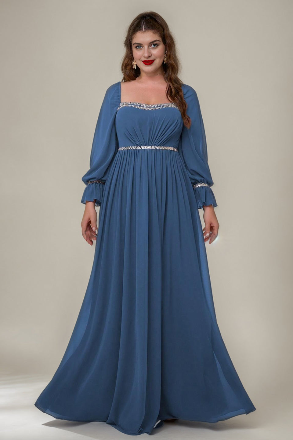 Curveins Plus Size Square Neck Long Sleeve Maxi Dress with Ruched Waist