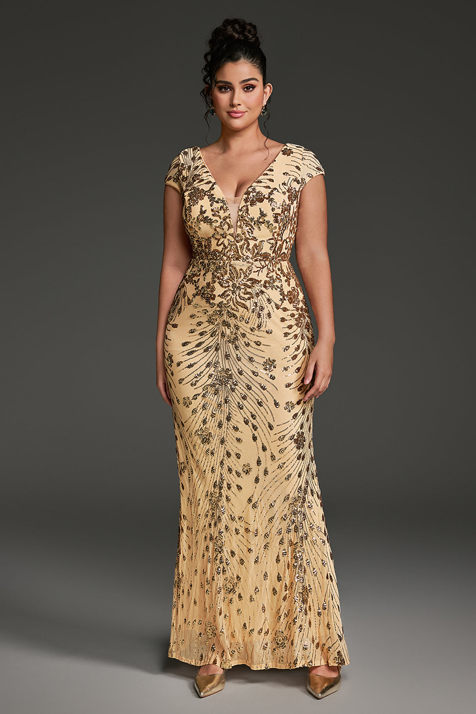 Curveins Plus Size V-neck and Waist Cinch Sequin Maxi Dress