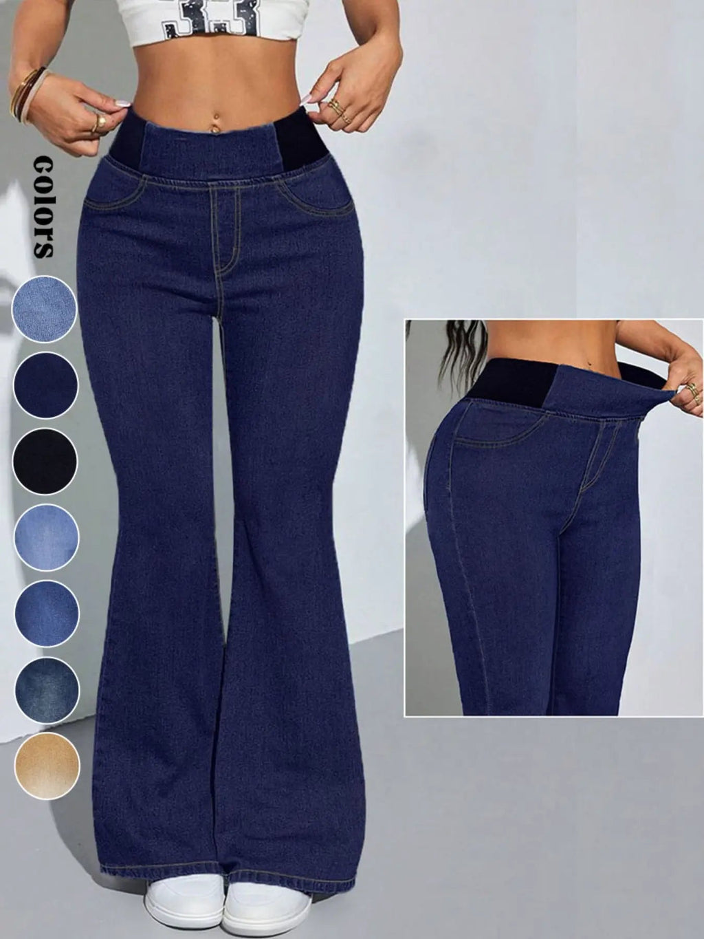 Y2K 2026 Women's Back Shirred Jeans,Mid-Rise Elasticity Waist Flared Jeans,With Pockets,Light Blue Washing Process,Women's Bell-Bottoms Wide-Leg Jeans,Waist - Cinching Design
