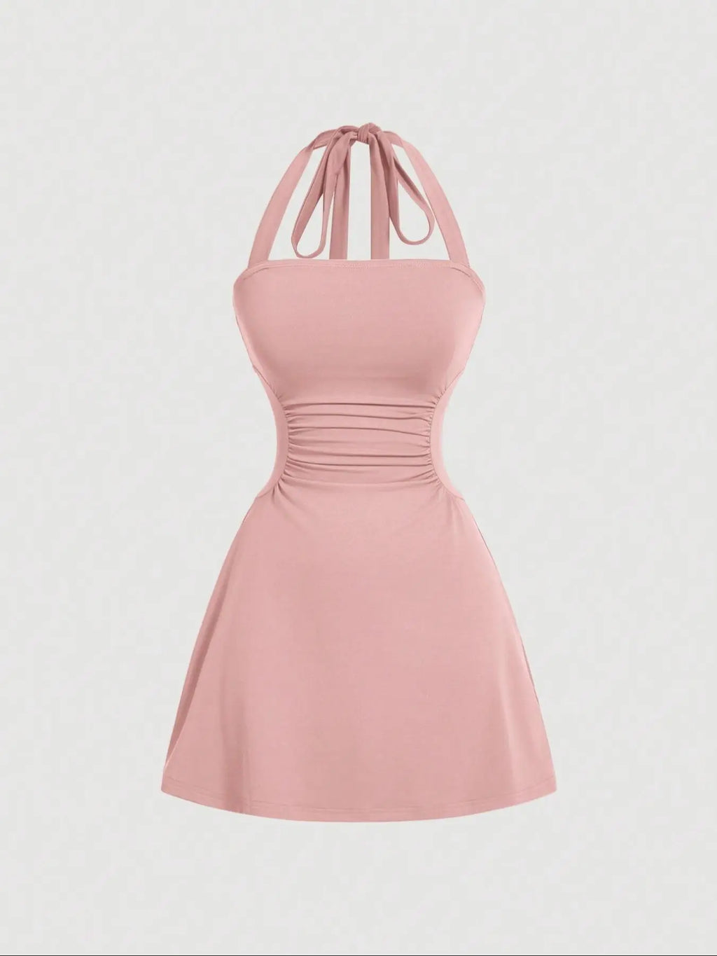 Women's Plain Ruched Tie Back Halter Neck Dress