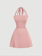 Women's Plain Ruched Tie Back Halter Neck Dress