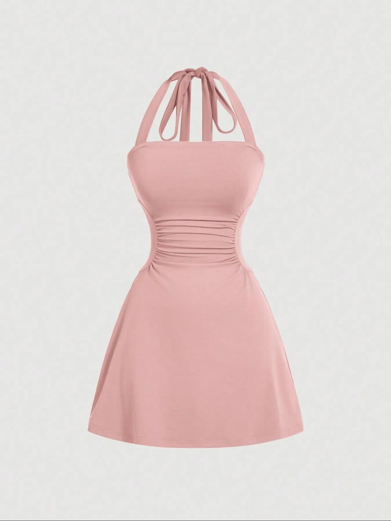 Women's Plain Ruched Tie Back Halter Neck Dress