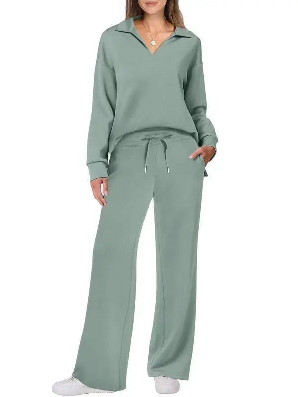 Women's Long Sleeve Drawstring Pants Set, Casual Fall Winter, Fashionable Pure Color Commuter Wear, Style