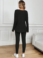 2pcs/Set Women's Casual  Plush Rib-Knit Long Sleeve T-Shirt And Leggings Suit, Autumn/Winter