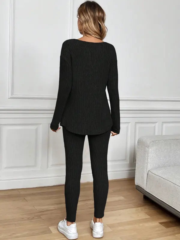 2pcs/Set Women's Casual  Plush Rib-Knit Long Sleeve T-Shirt And Leggings Suit, Autumn/Winter