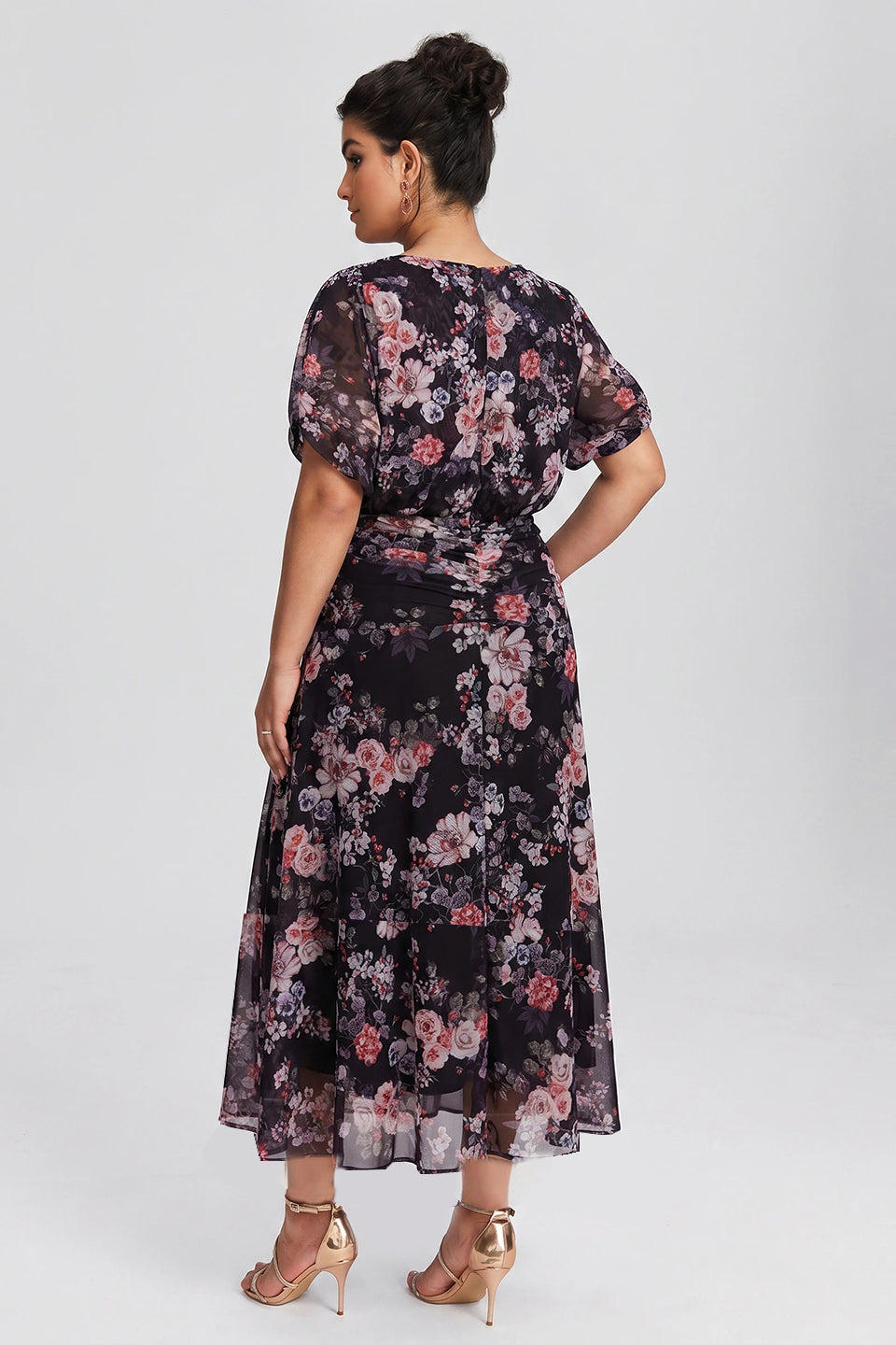 Curveins Plus Size V Neck Puff Sleeve Waist Defining Floral Print Elegant Maxi Dress