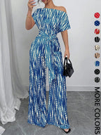 Women's All Over Print Tie Front   Jumpsuit, Casual Asymmetrical Neck   Jumpsuit for Spring & Fall, Women's Clothes for Daily Wear