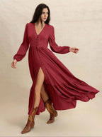Women's Plain V Neck Long Sleeve Dress, Casual Fitted Woven Dress for All Seasons, Daily Wear Fashionable Women's Clothing