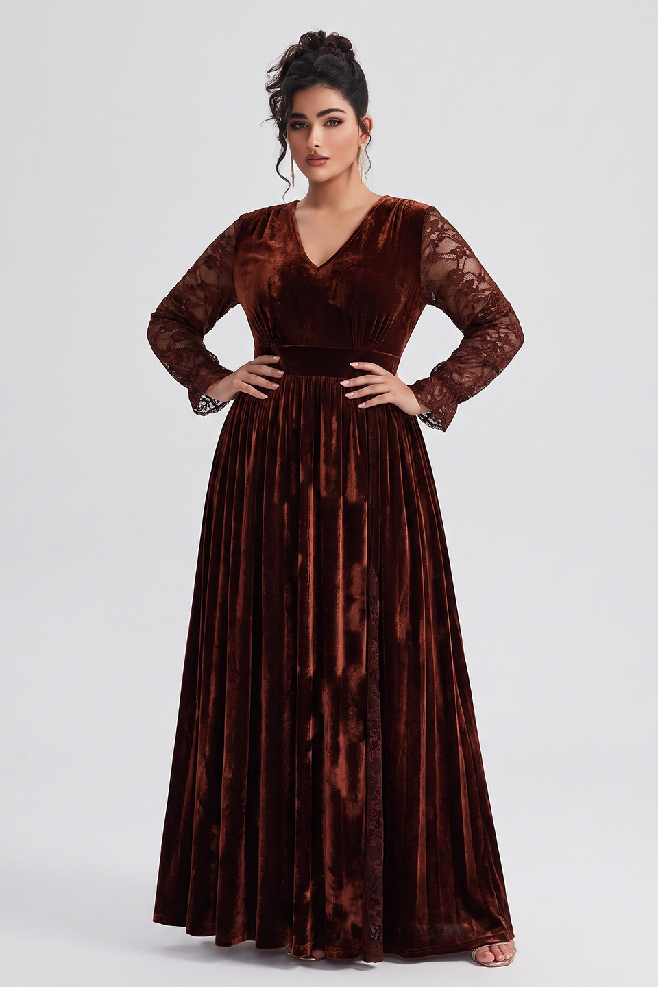 Curveins Plus Size Elegant V Neck Long Sleeve Ruched Waist Flowy Velet Maxi Dress
