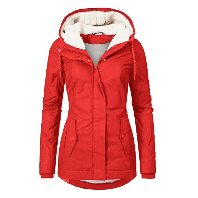 Winter Thickened Cotton Parka with Fleece Lining Hooded Warm Coat Mid-Length Women's Fitted Long Sleeve Outerwear Black Imitation Fur Tops for Casual Basic Minimalist Womenswear Elegance Style - Jackets