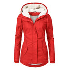 Winter Thickened Cotton Parka with Fleece Lining Hooded Warm Coat Mid-Length Women's Fitted Long Sleeve Outerwear Black Imitation Fur Tops for Casual Basic Minimalist Womenswear Elegance Style - Jackets
