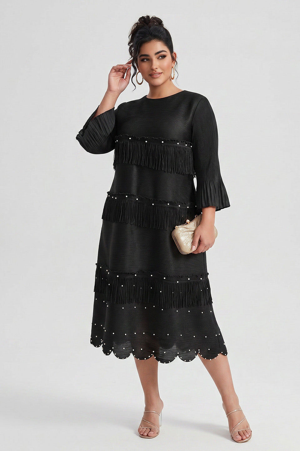 Curveins Plus Size Round Neck Fringe Detail Elegant Loose Pleated Midi Dress