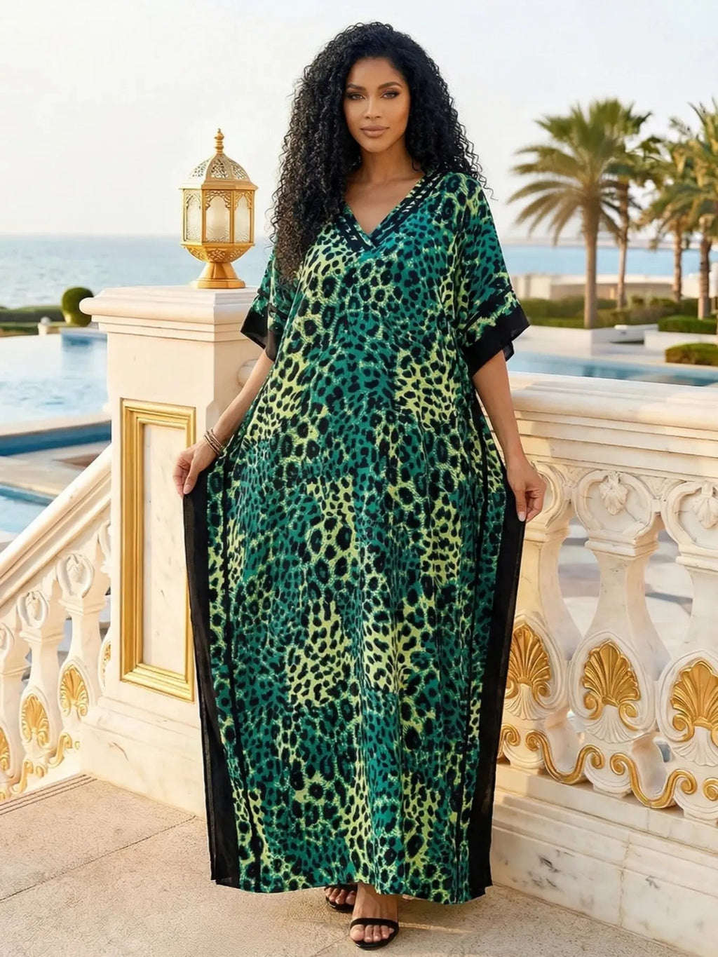 Women's Leopard Print Kaftan Robe – Loose-Fitting Beach Print Dress