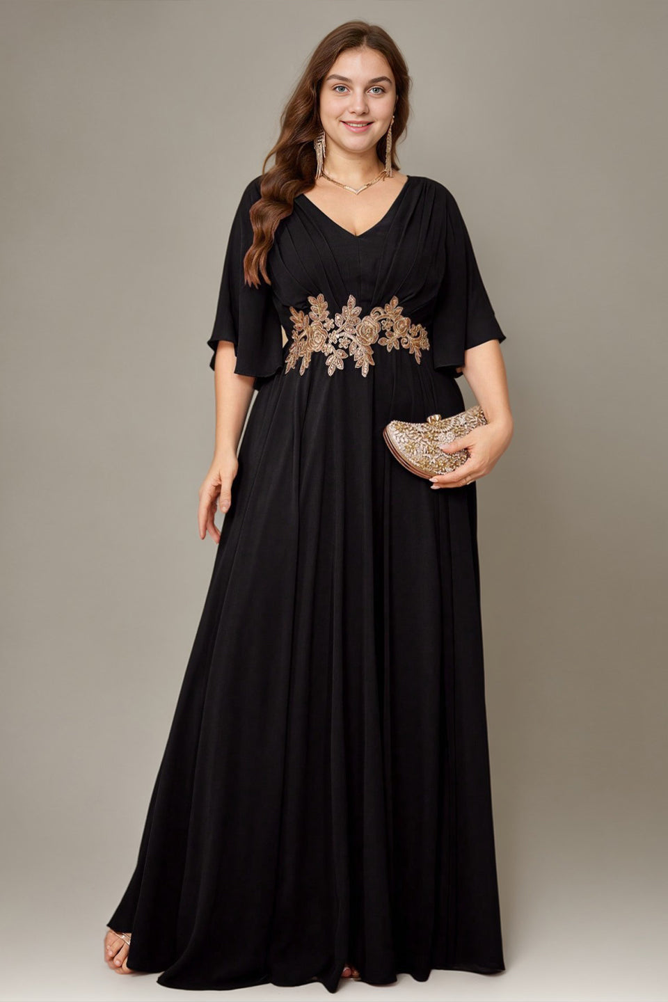Curveins Plus Size Batwing Sleeve V Neck Gathered Waist Elegant Maxi Dress