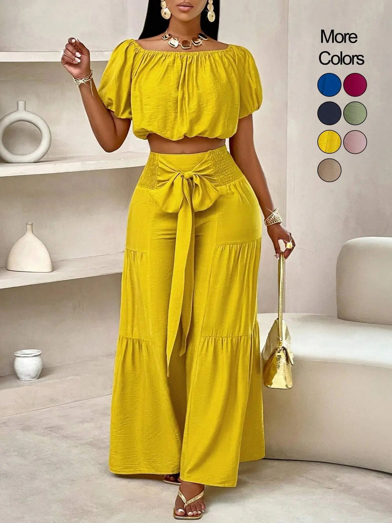 Women's solid-color wide-leg pant set, casual off-shoulder top and palazzo pants for summer, beach vacation wear for women.