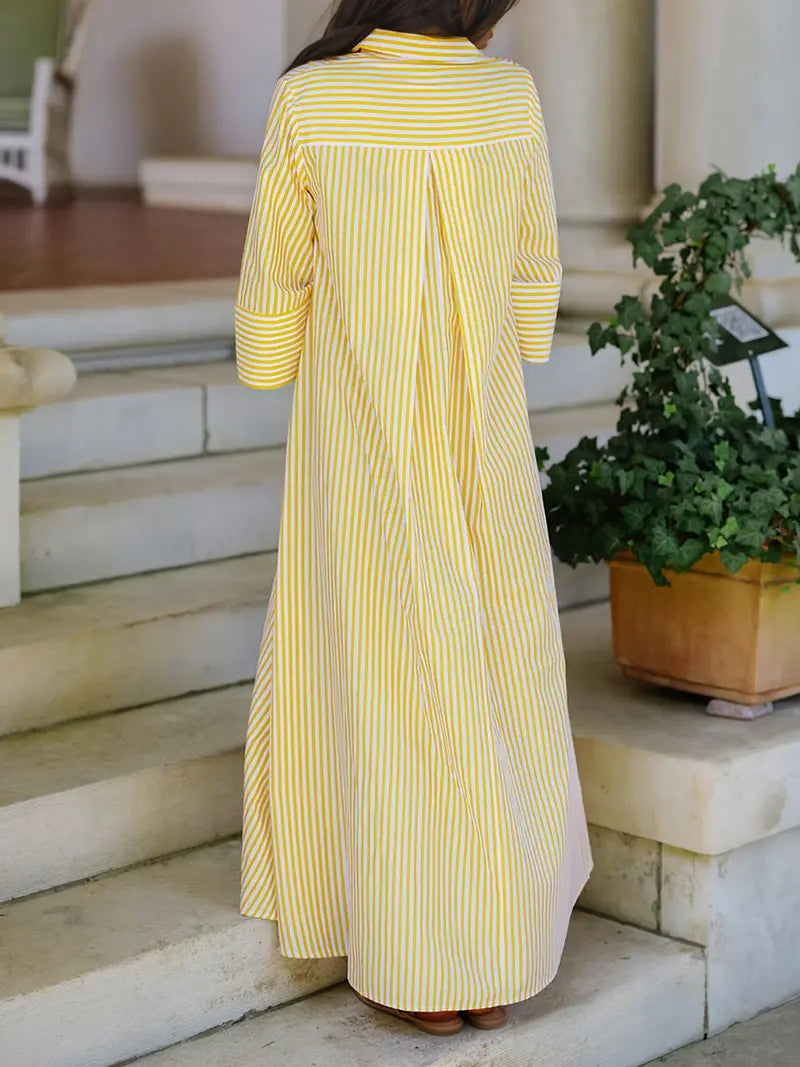 Elegant Women's Loose Collared Button Front Striped Shirt Dress