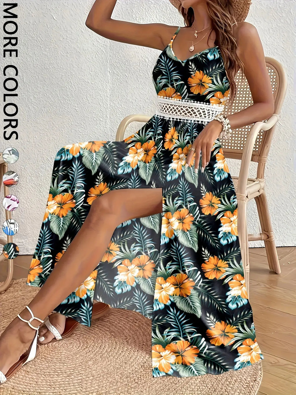 Women's Summer Holiday V-Neck Sleeveless Tropical Print Bohemian Maxi Dress with High Side Slit