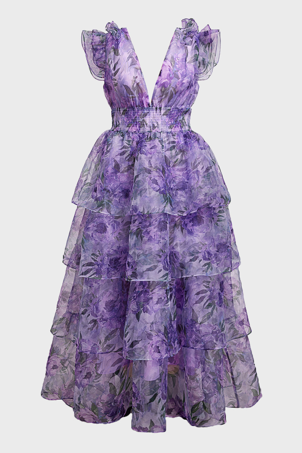 Curveins Plus Size V-Neck Sleeveless Floral Tiered Maxi Dress with Decorative Shoulder Detail