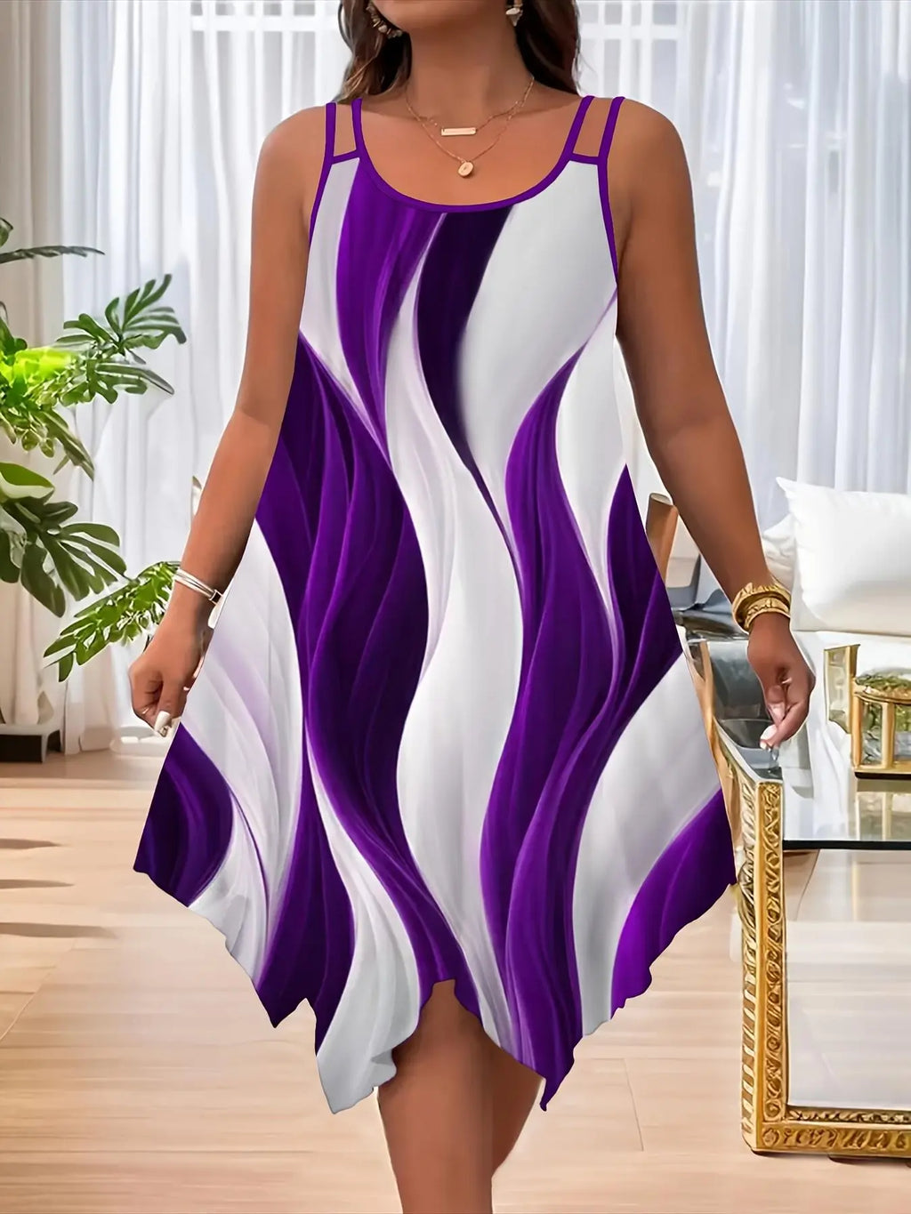 Plus Size All Over Print Asymmetrical Hem Cami Dress