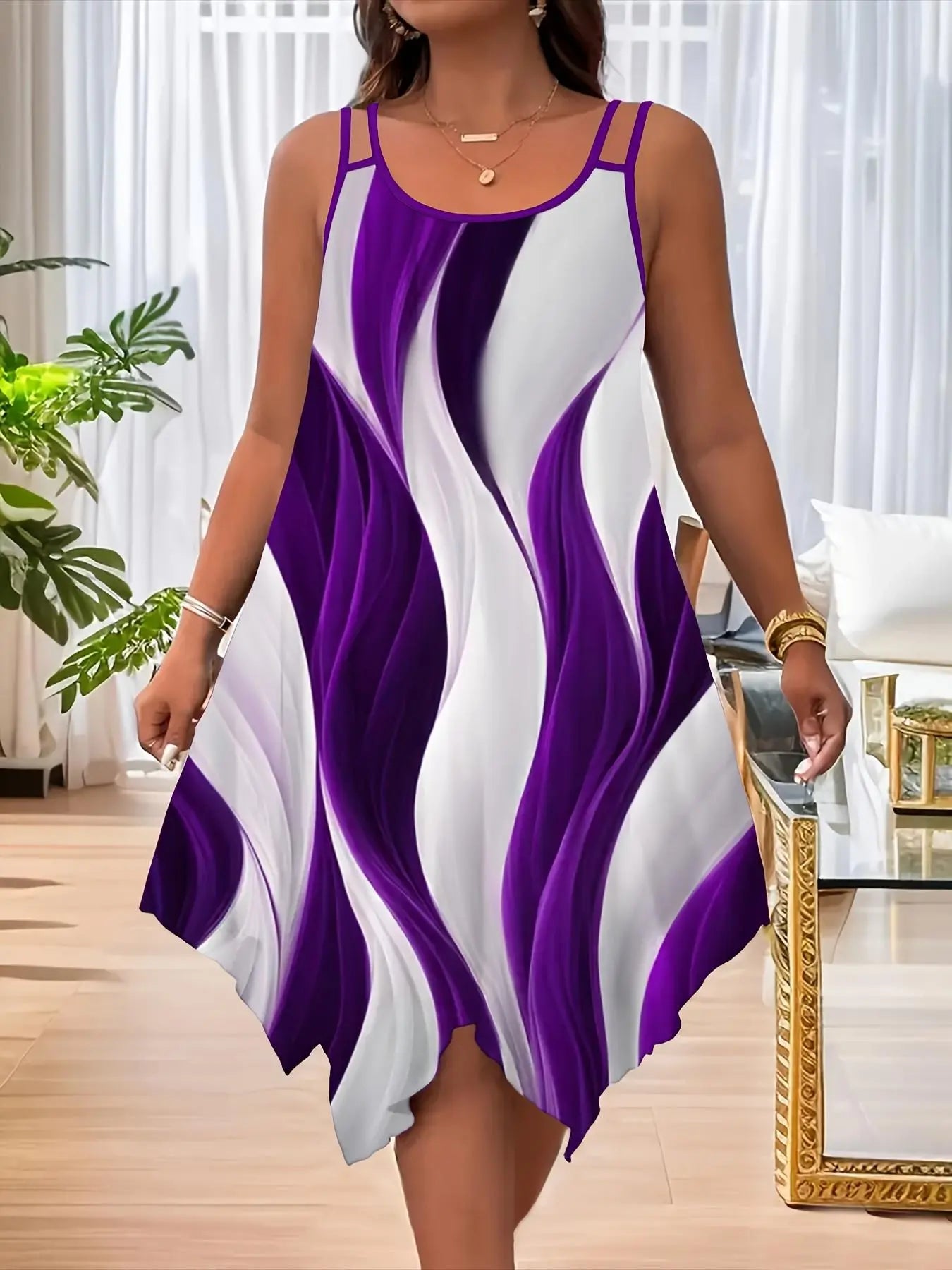 Plus Size All Over Print Asymmetrical Hem Cami Dress