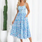 Women's Casual Bohemian Floral Maxi Sundress - Summer Spaghetti Strap Smocked Tiered Beach Dress with Pockets, Plus Size, Boho Clothes for Women