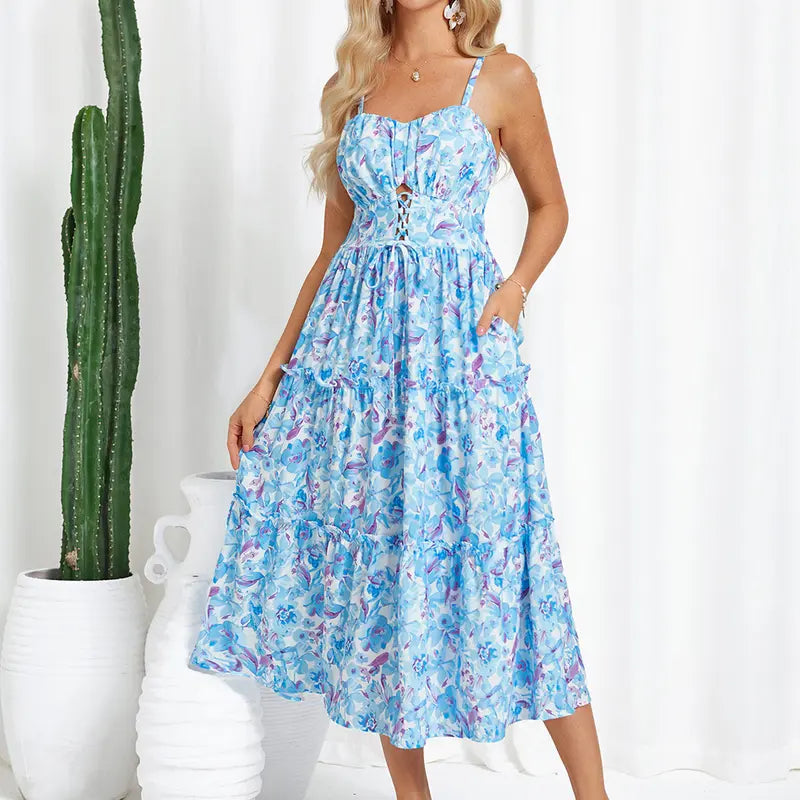 Women's Casual Bohemian Floral Maxi Sundress - Summer Spaghetti Strap Smocked Tiered Beach Dress with Pockets, Plus Size, Boho Clothes for Women
