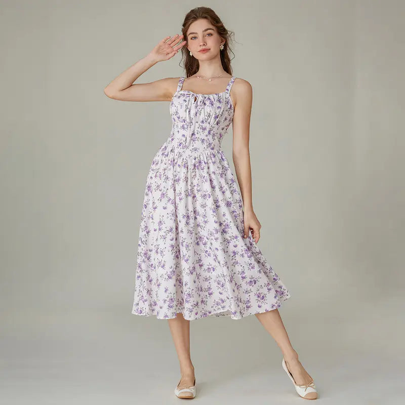 Women's Strappy Sleeveless Milkmaid Corset Flowy Midi Sundress