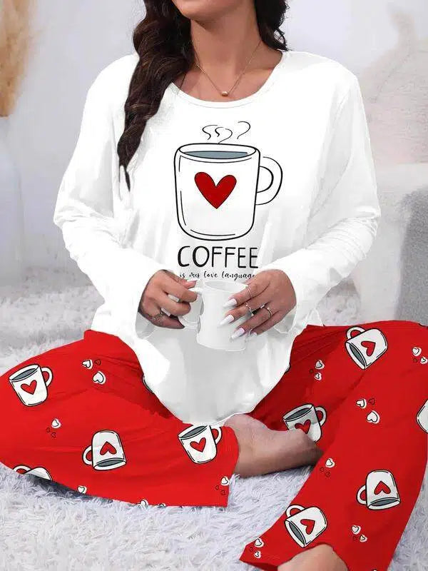 Plus Size Heart Coffee Letter Print Comfortable 2-Piece Pajama Set, Long Sleeve Top & Pants, Casual Fitted Sleepwear for All Seasons