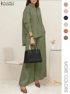 Two-piece Set Women's Solid Color Top & Wide Leg Pants, Casual Long Sleeve Top & Pants for Daily Wear, Ladies Clothes for All Seasons