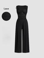 Women's Plain Ruched Deep V Neck Wide Leg Jumpsuit, Sleeveless Ribbed Jumpsuit for Daily Wear, Ladies Clothes for All Seasons, Casual Basic Jumpsuit, Casual Jumpsuits