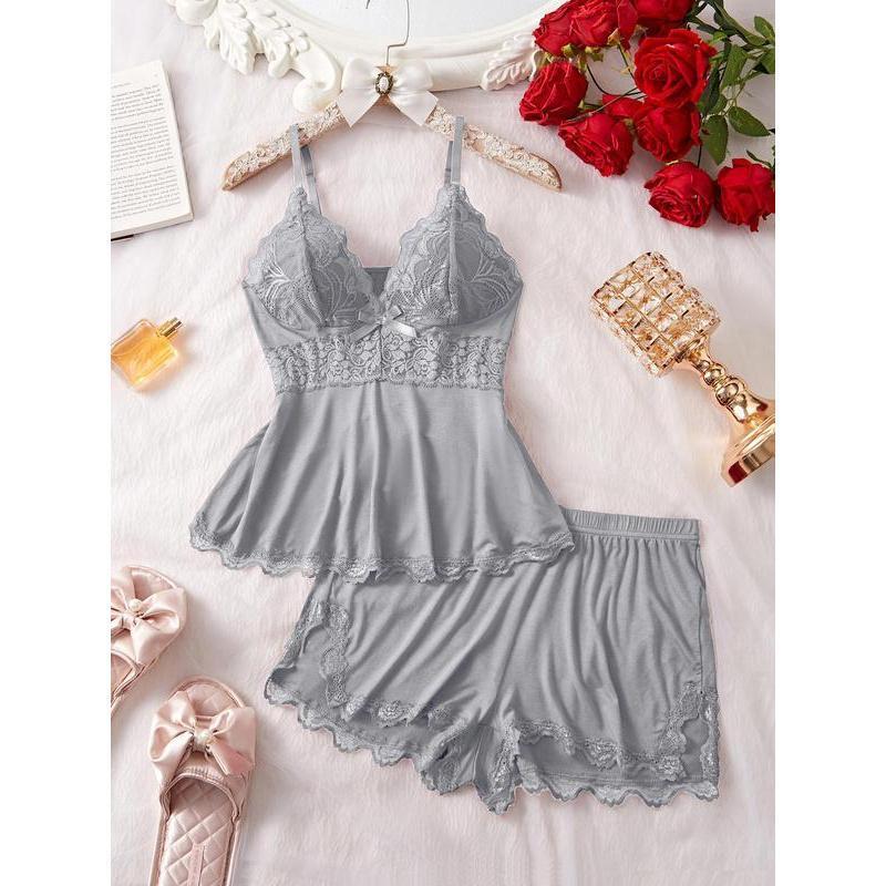 Women's Solid/leopard Print Strap Cami Top & Lace Trim Shorts Pyjama Two-piece Set, Casual Comfy Camisole & Shorts Pj Set, Ladies Sleepwear for All Seasons, Loungewear, Pajamas, Womenswear