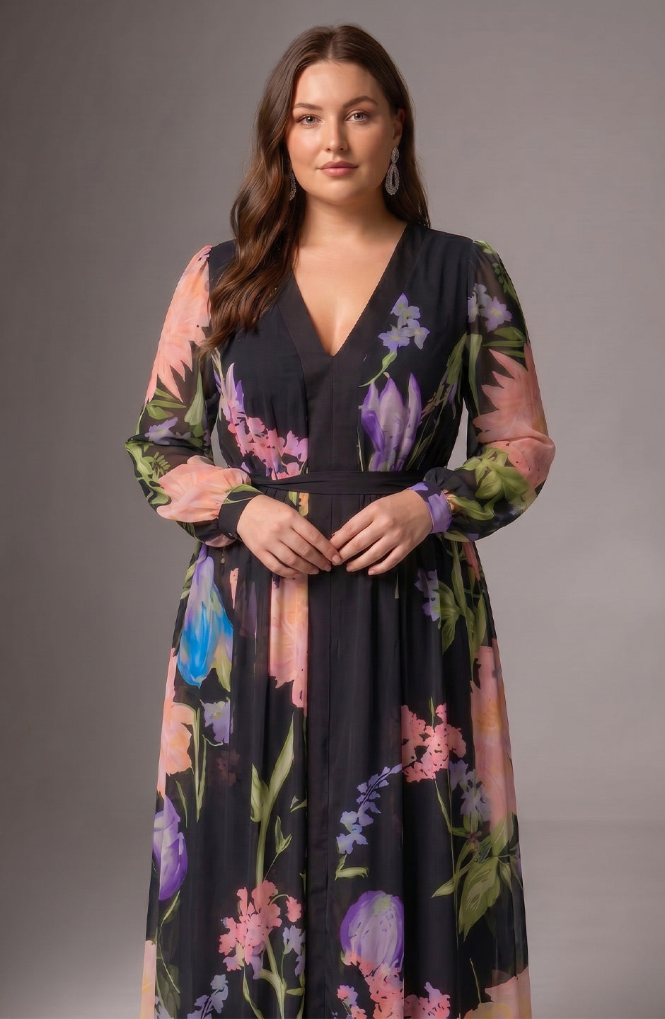 Curveins Plus Size V Neck Floral Long Sleeve Waist Tie Elegant Maxi Dress