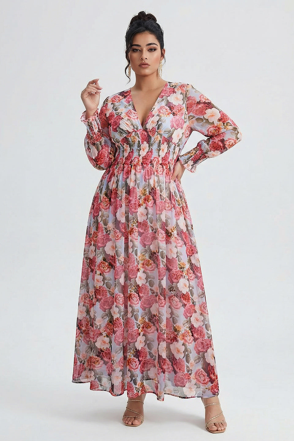 Curveins Plus Size V Neck Long Sleeve Floral Waist Maxi Dress