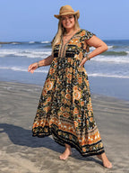 [Plus Size] Floral Print V-Neck Maxi Dress